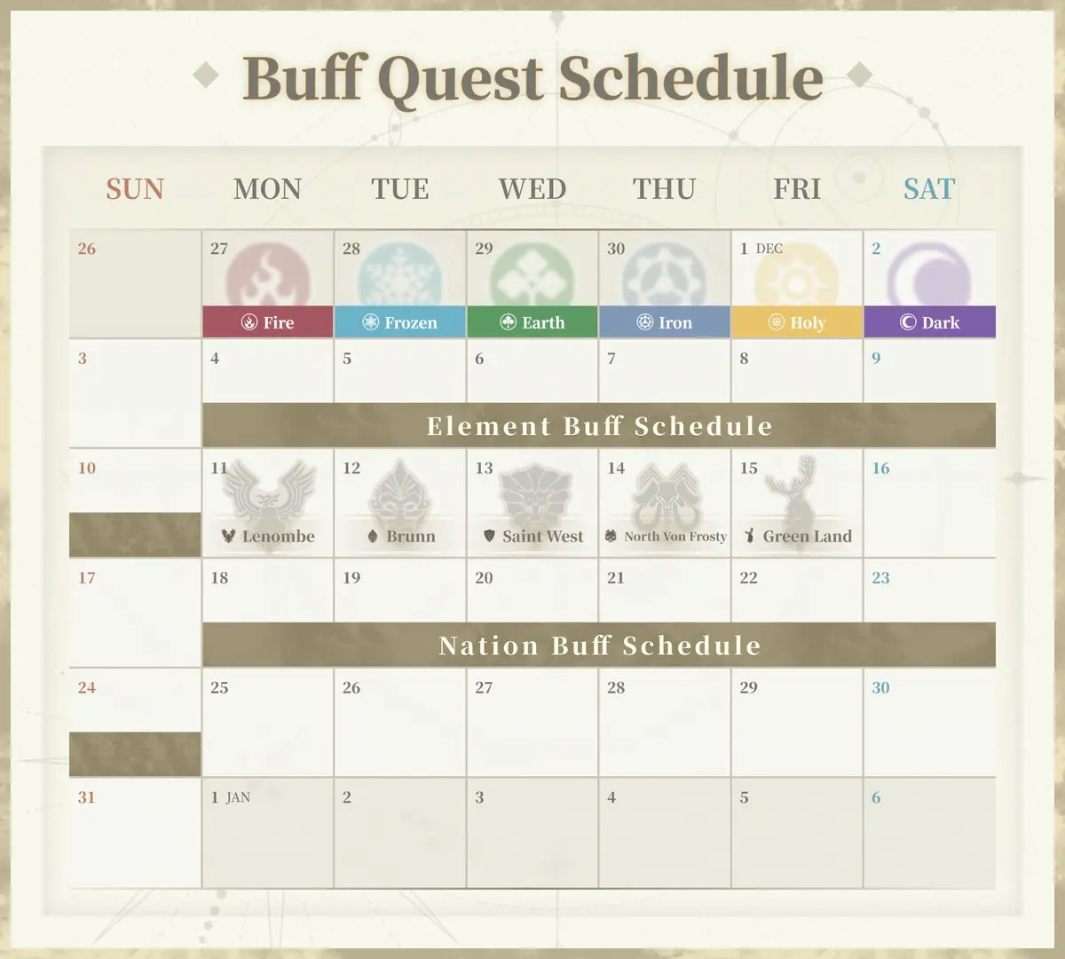 11 buff quest calender